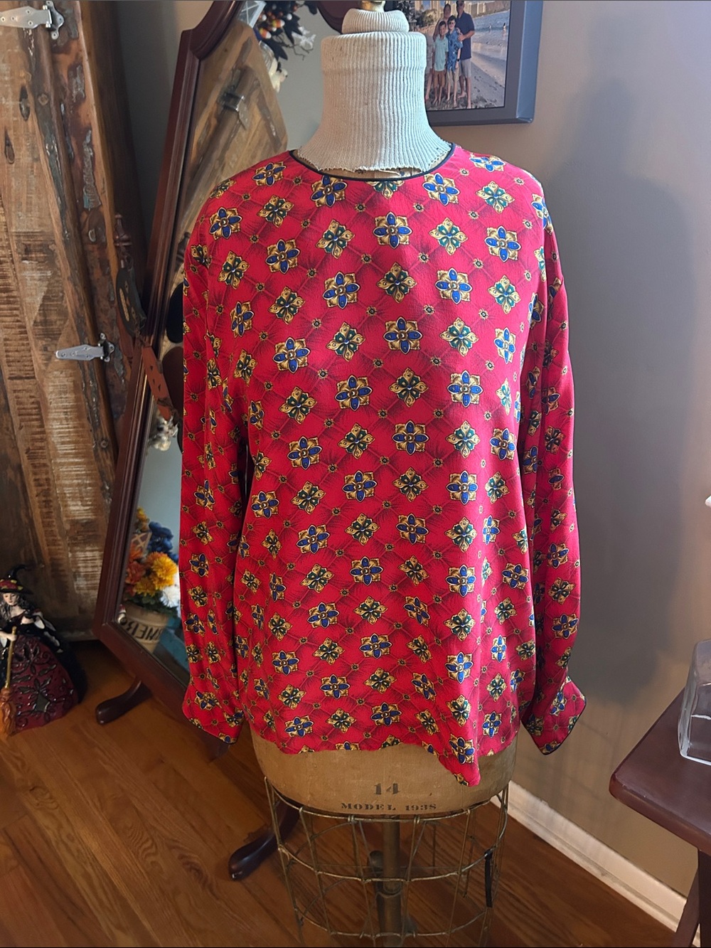 Vintage Talbots Red 100% Silk Blouse w/Navy Blue & Gold Print | Size 14